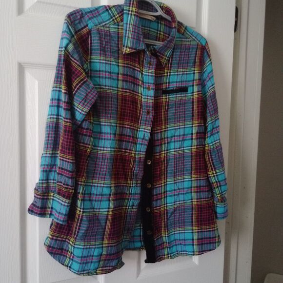 Soft Surroundings Shirt Sz PM Flannel Button Black Velvet Cuffs Appliqués Pride - Picture 1 of 6